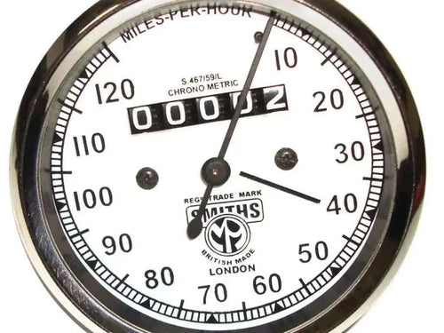 Matchless Smiths Replica Speedometer with white face and chrome bezel.