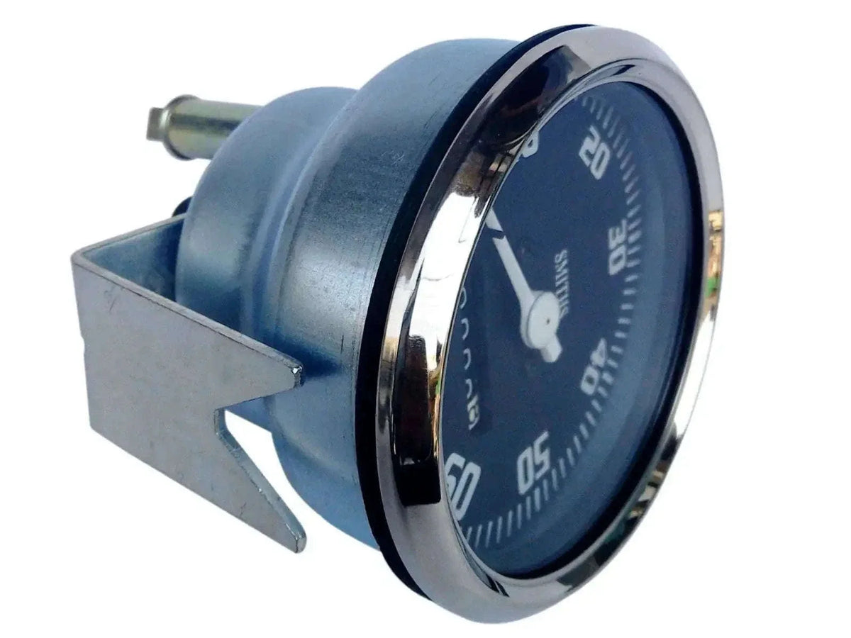 Blue speedometer gauge with chrome bezel and mounting bracket