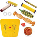 Acupressure massage tools kit featuring a yellow power mat, hand roller, and foot roller.