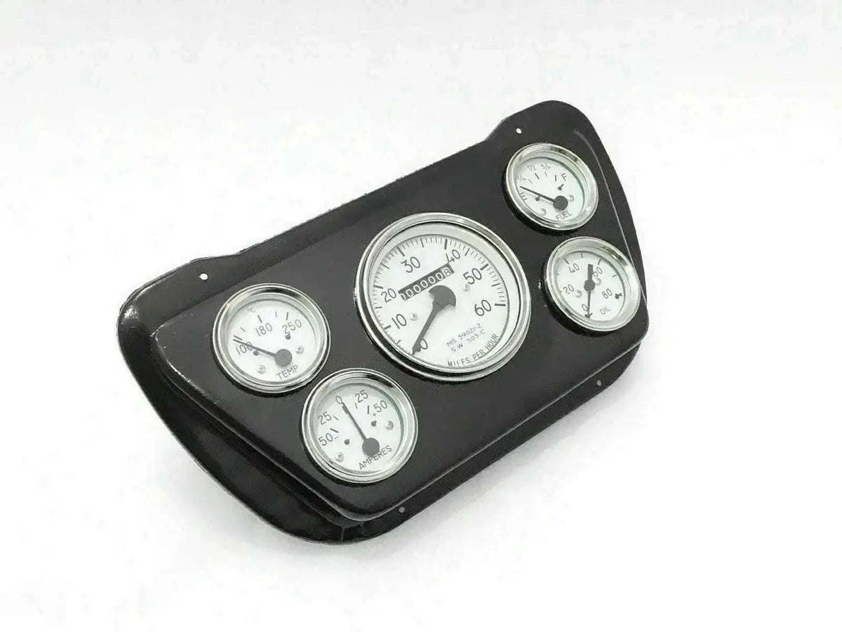 Black speedometer mounting plate for Jeep Willys with white-faced gauges