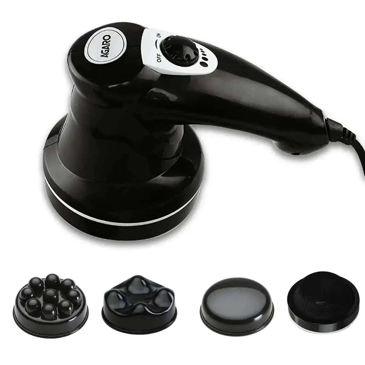 Electric handheld full body massager with three interchangeable massage heads for pain relief.