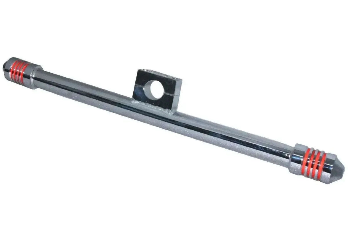 Front engine crash bar guard with silver metal bar and mounting bracket, red accents