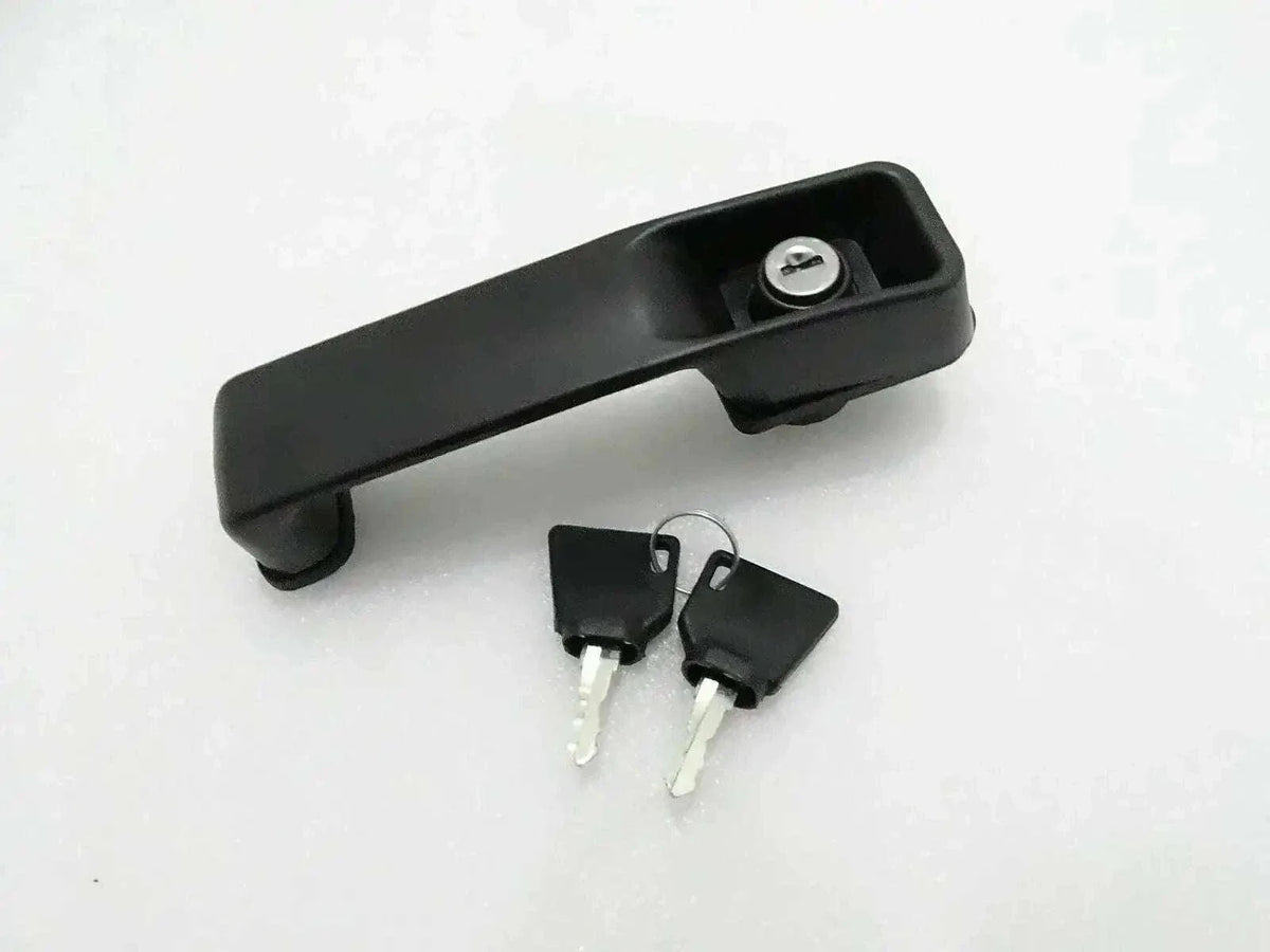 JCB 3DX 3CX door lock handle in black plastic with two accompanying keys for secure locking