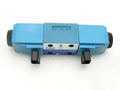 Blue valve solenoid with two front ports and black mounting blocks
