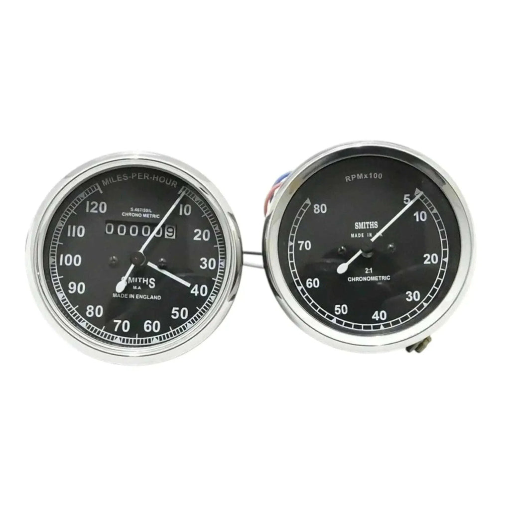 Speedometer gauge pair, black dial faces, mph and tach scales with needles