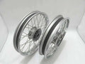 Motorcycle wheel rim set with chrome spoked rims, front and rear views