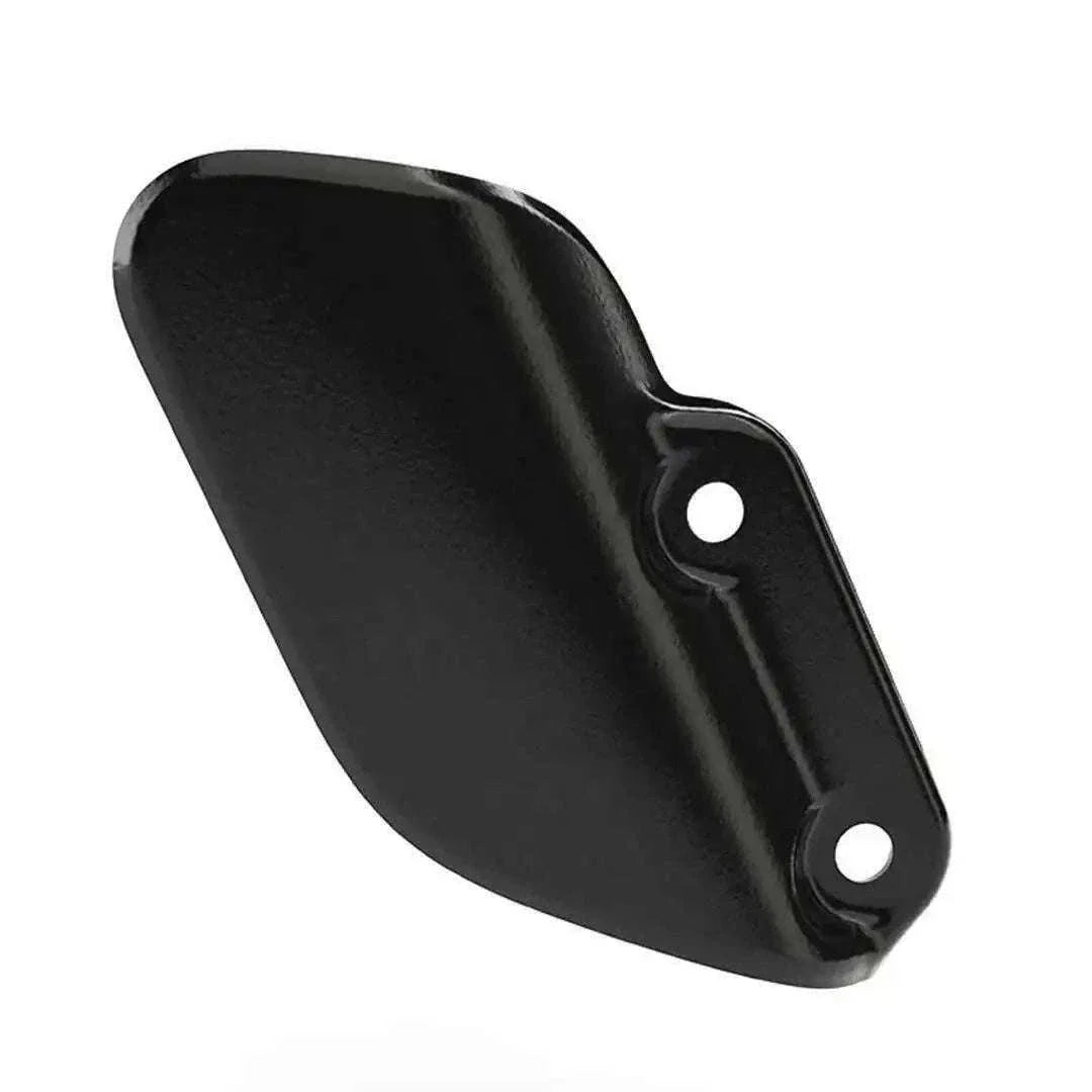 Black motorcycle heel guard with two mounting holes, curved metal piece