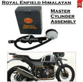 Motorcycle master cylinder assembly with reservoir, black hose and silver cylinder
