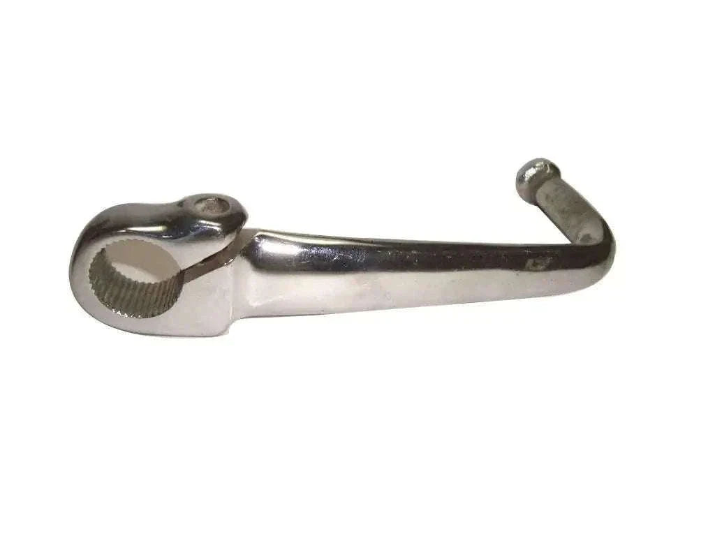 Chrome metal gear change lever with textured mounting collar and curved handle