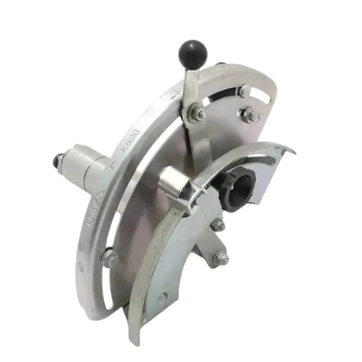 Hydraulic lift control quadrant assembly with round hand lever and mounting plate