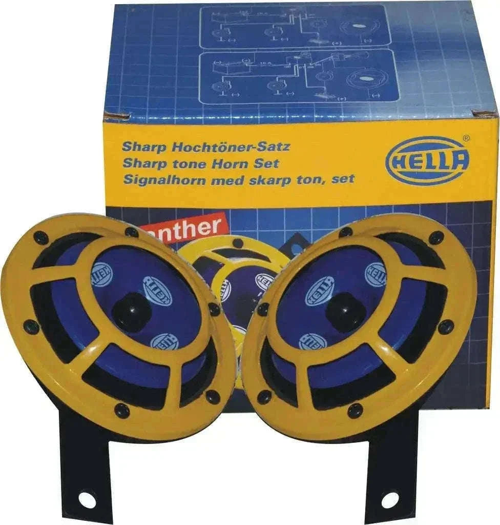 New Hella 12V Yellow Grill Panther Dual Sharp Tone Horn Set Best Spare Store