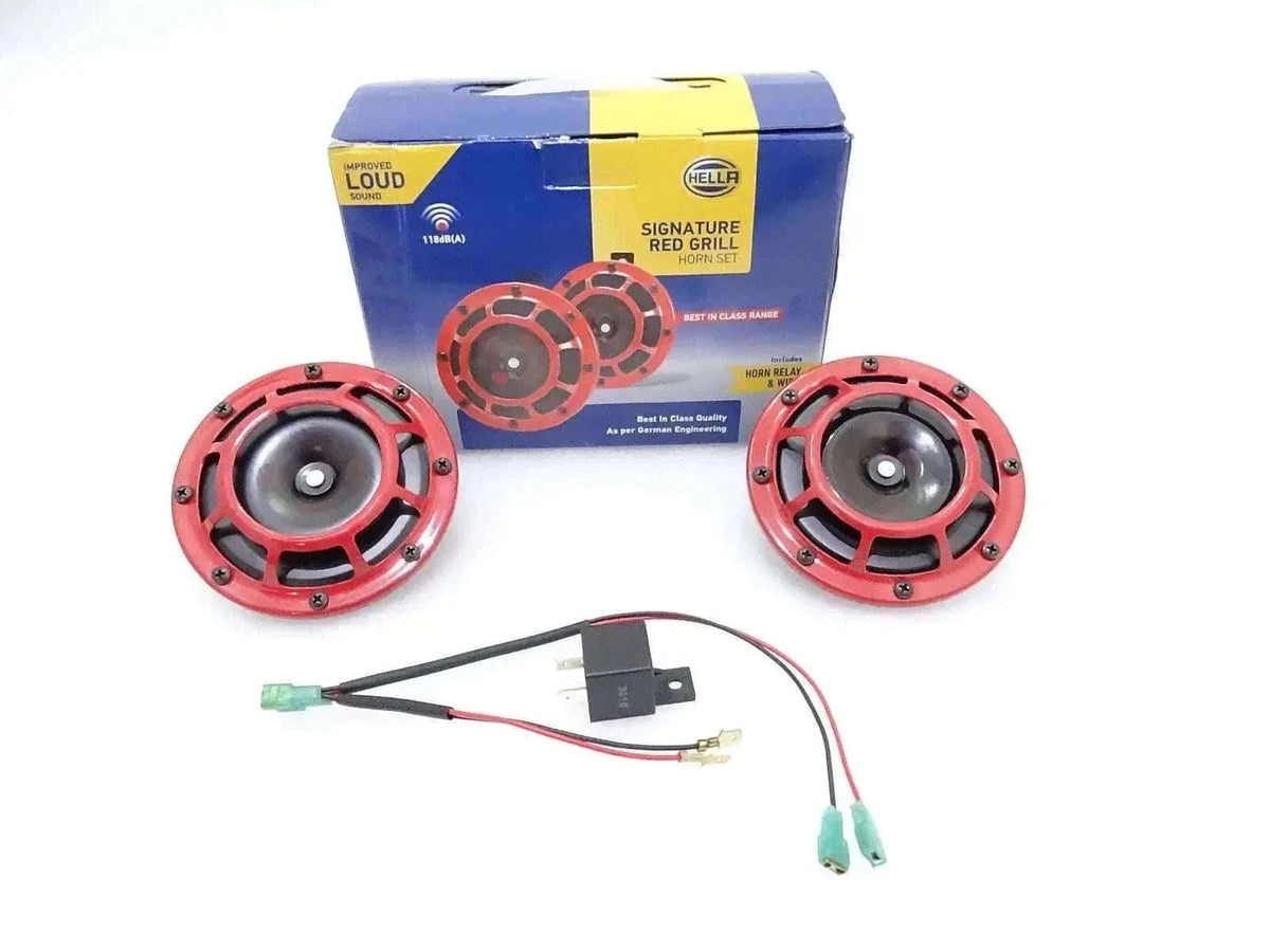New HELLA Red Grill Supertone Horn Set 12V (Pair) - High Performance Best Spare Store