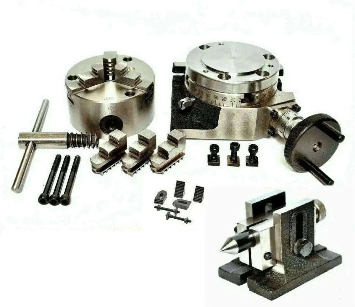 New Rotary Table 4"/100mm, 100mm Self Centering Chuck, Tailstock &M6 Clamping Kit Best Spare Store