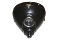 Black headlamp housing with circular lens and mounting bracket, triangular cover