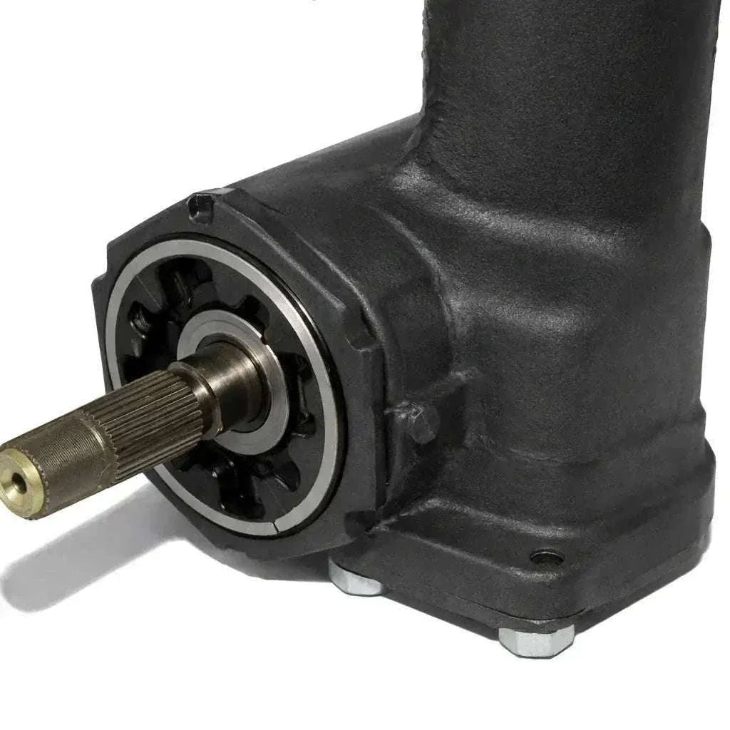 Steering gear box assembly with circular steering input hub and black cast housing
