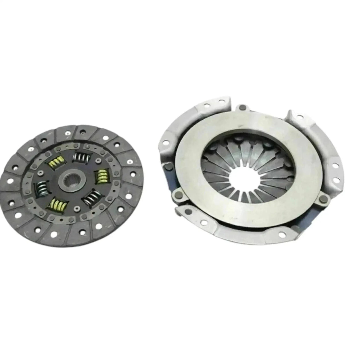 Clutch disc and pressure plate, dark disc with yellow spring accents and silver cover