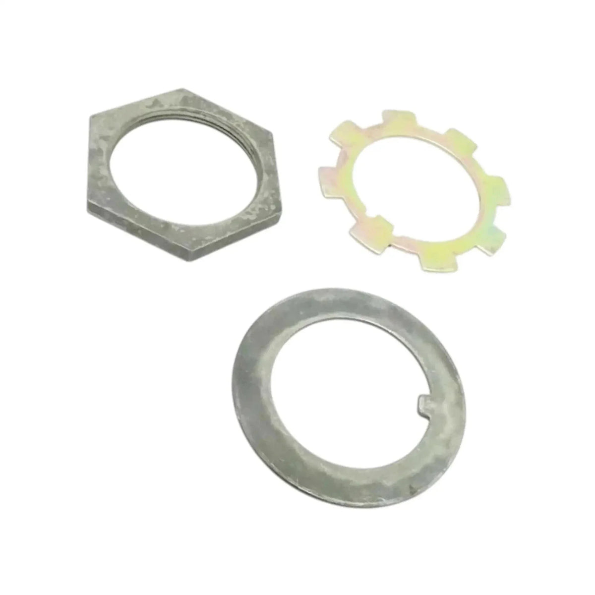 Metal nut and lock washer set with hex nut, toothed washer, and split ring washer