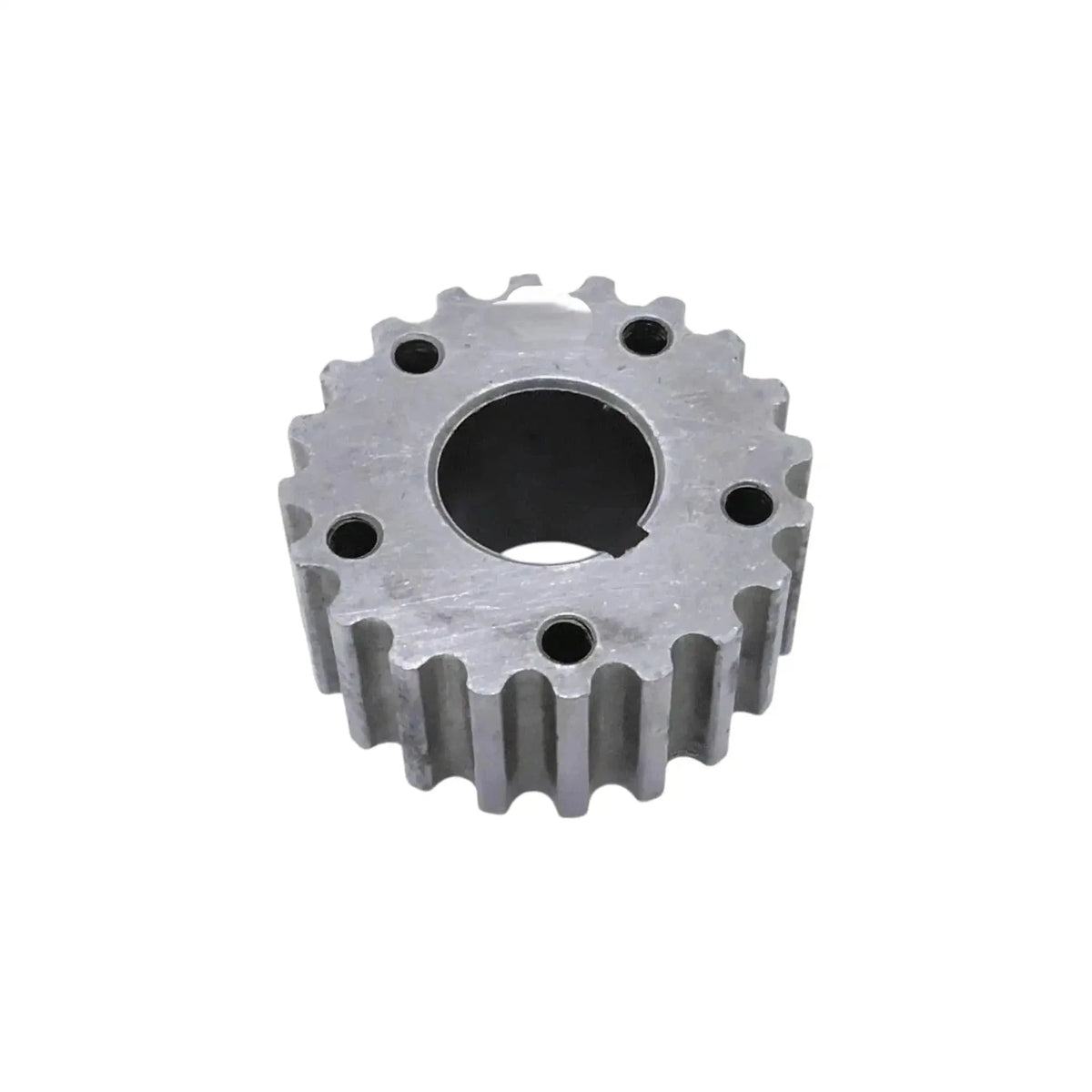 Metal timing gear sprocket with central bore and outer teeth, single piece