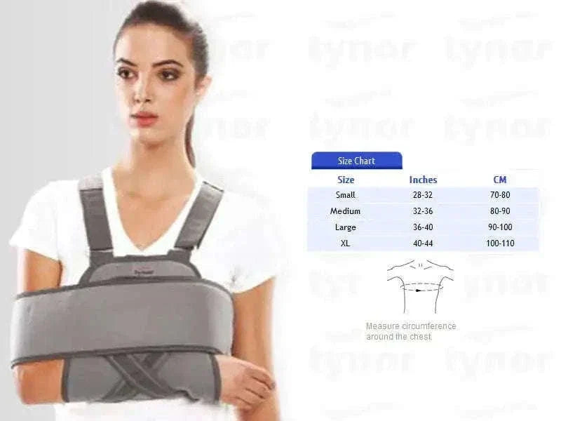 Tynor Universal Shoulder Immobilizer - Medium worn by model, featuring arm sling and padded support.