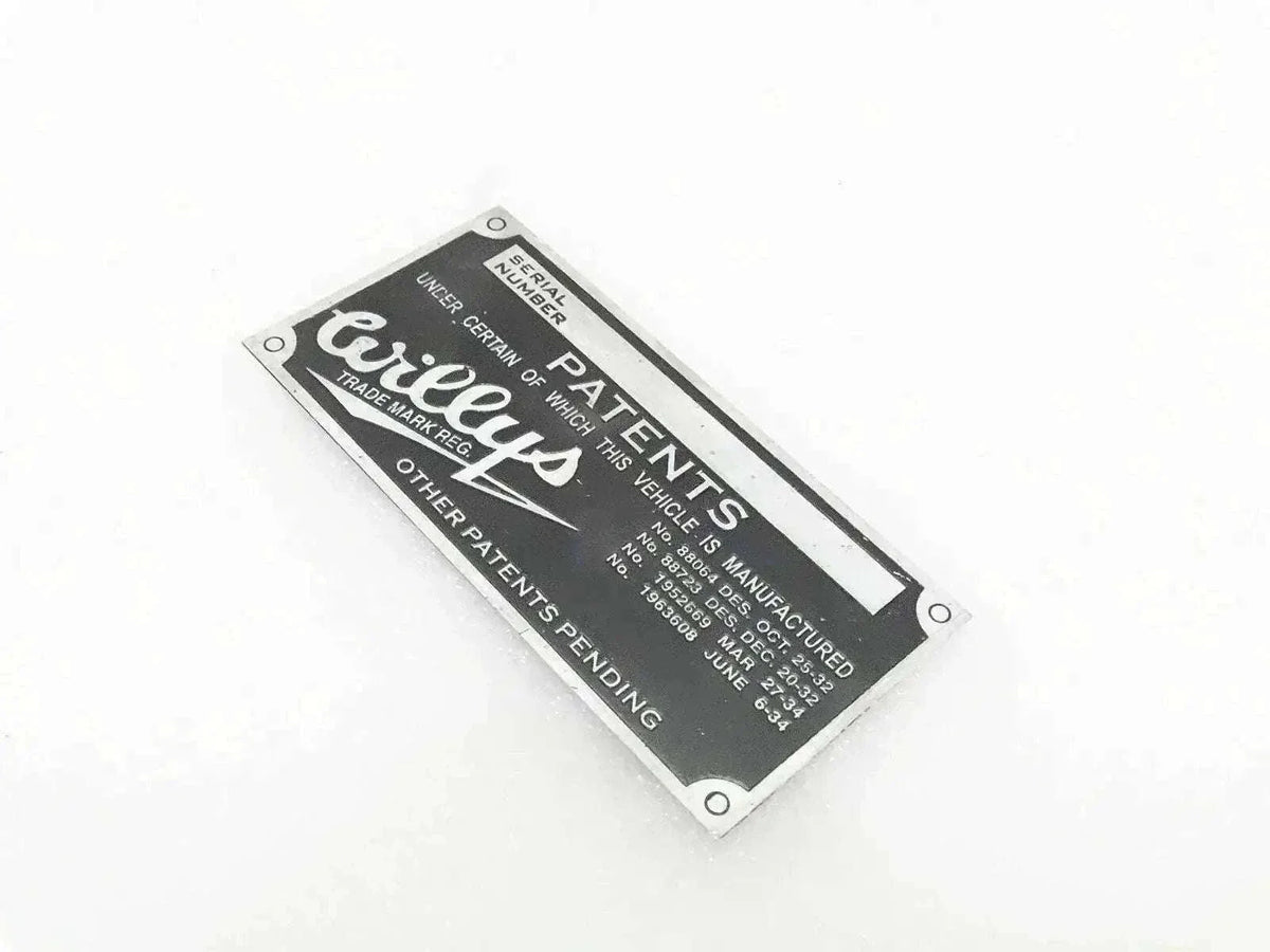 WILLYS JEEP aluminium model data plate with patent text